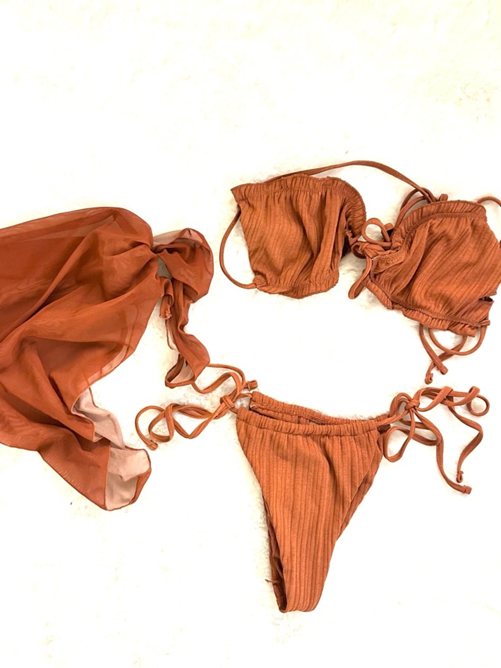 SHEIN Ribbed Burnt Orange Brown 3 Piece Tie Bikini Set Cover Up Sarong Medium